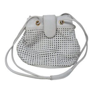 Vintage Brio! White Leather Laser Cut Perforated Summer Bucket Bag Purse